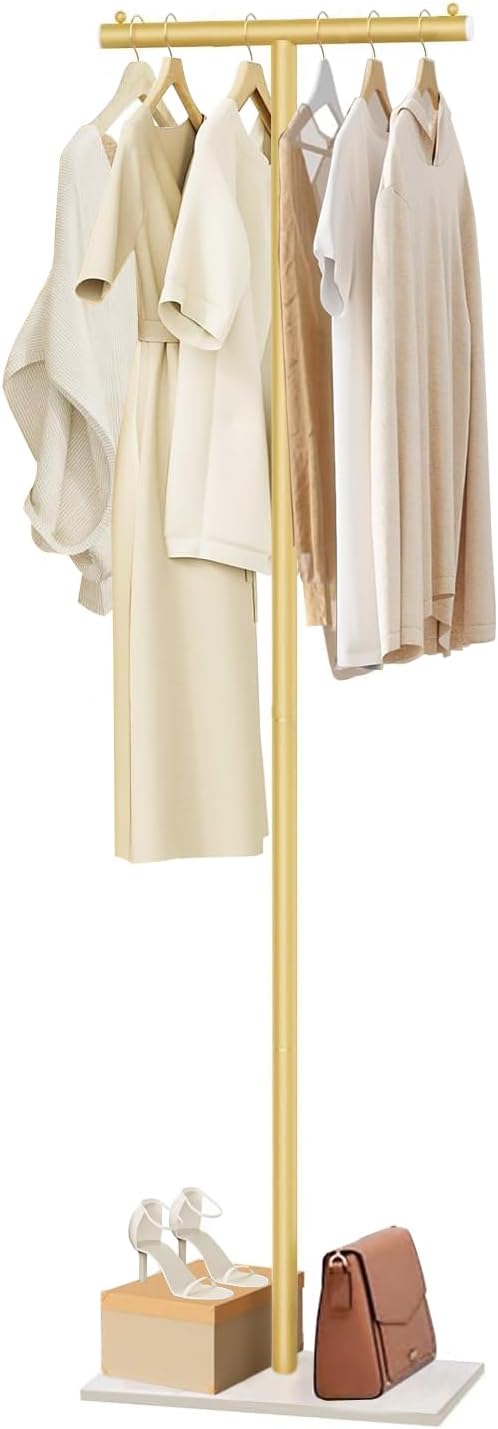 T-Shaped Metal Rack Stand,Modern Clothes Rack With Rock Slab Base,60.3 Inch Freestanding Clothing Rack Stand,Suitable For Boutiques, Entryway, Bedroom, Living Room, (Golden Yellow,60.3 Inch)