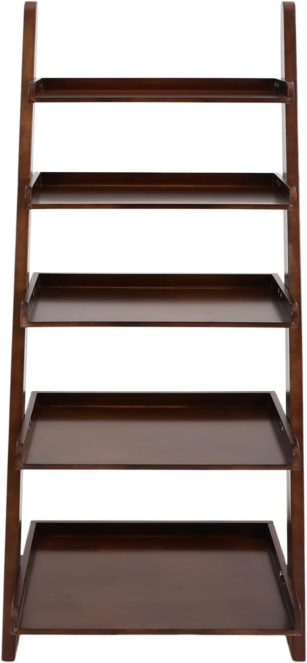5-Tier Ladder Shelf, Minimalism Wood Ladder Bookshelf L-Shaped Leaning Storage Bookshelf Freestanding Open Bookcase for Living Room Bedroom Offices (Walnut Brown)