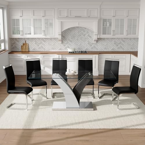 Glass Dining Table Set for 6, 71” Kitchen Table Set for 6, Large Dining Room ...