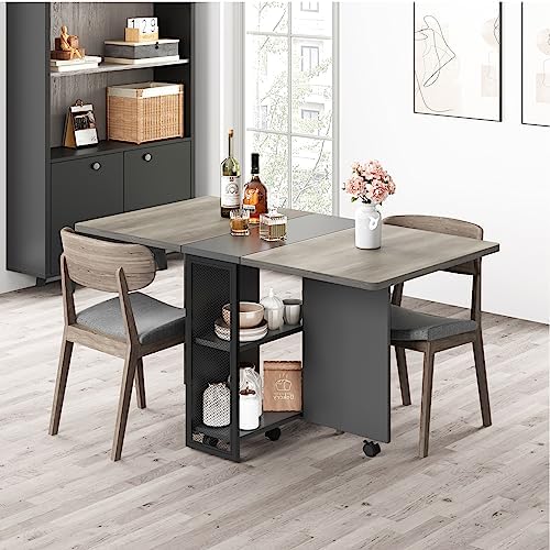 IDEALHOUSE FoldingTable, Drop Leaf Dining Table with 6 Wheels and 2-Layer Sto...