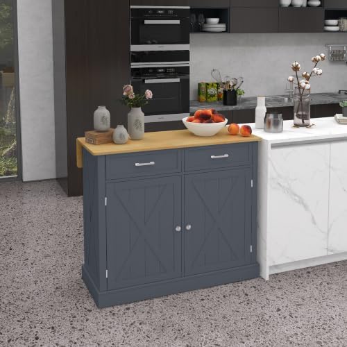 HOMCOM Rolling Kitchen Island with Drop Leaf Wood Breakfast Bar, Dark Gray