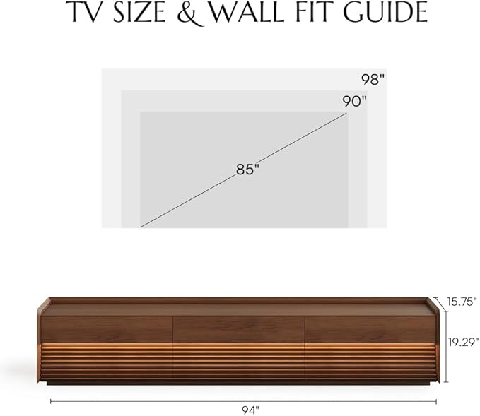 POVISON Fully-Assembled Mid Century Modern TV Stand, 94.49" Wood Media Console with Adjustable LED Light, Entertainment Center with Storage for Living Room
