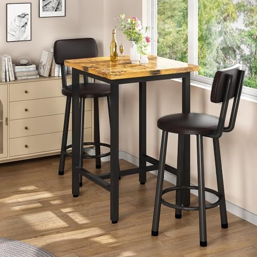 3 Piece Bar Table and Chairs Set for 2, Counter Height Square Pub Dining Set,...