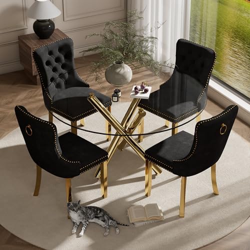 5 Piece Golden Luxury Round Glass Dining Set, Modern Minimalist Circle Kitche...