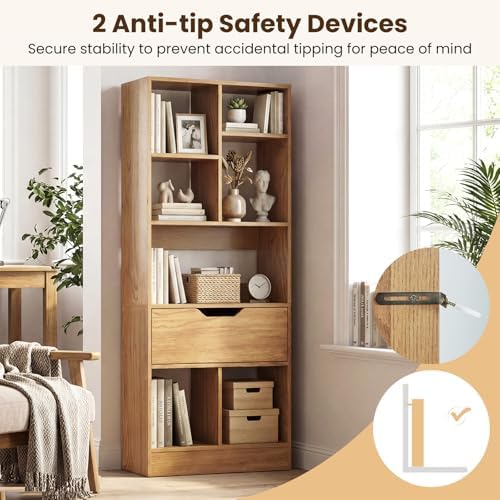 Tangkula 51” Tall Open Bookcase with Drawer, 7-Cube Display Storage Cabinet O...