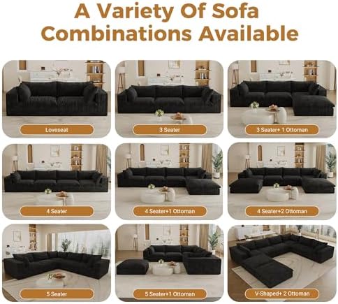 157.6" Corduroy U Shaped Modular Sectional Couch, Black | 8 Seater Overs...