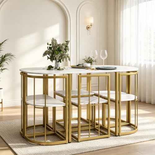 Metal 7 Piece Kitchen Dining Table Set with Chairs for Saving Space Metal Din...