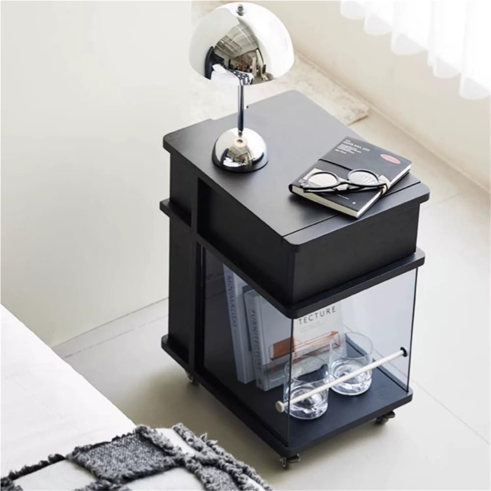 Wooden Night Stand, Minimalist Design Black Bedside Table with Open Storage, ...