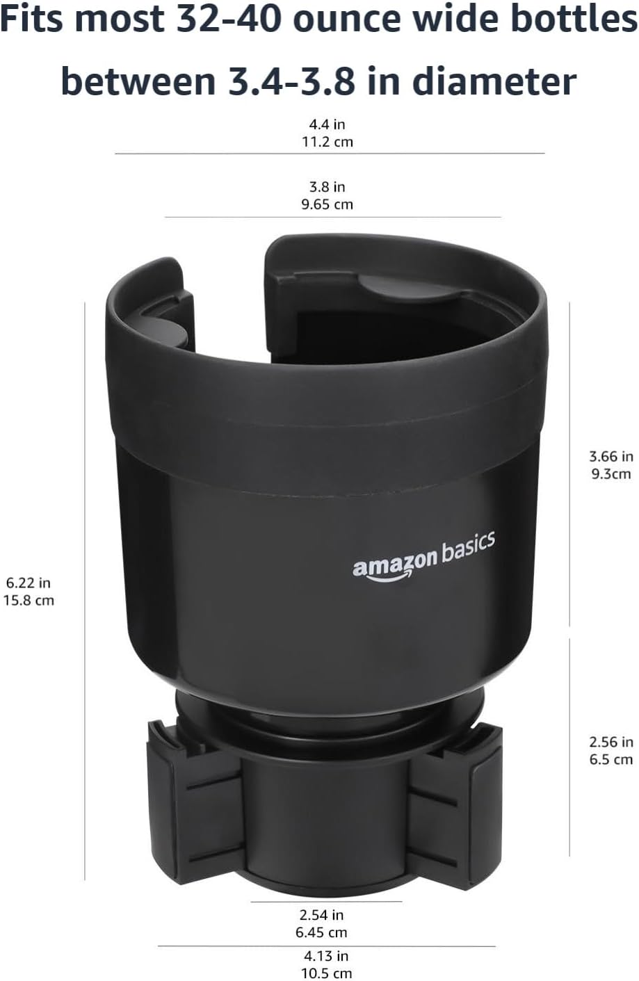 Amazon Basics Car Cup Holder Expander with Adjustable Base, Fits Large Bottles 3.4 to 3.8 in Diameter, Securely Holds Yeti, Hydro Flask and More, Black