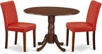 East West Furniture DLAB3-MAH-72 3 Piece Kitchen Table Set Contains a Round Dining Table with Dropleaf and 2 Firebrick Red Faux Leather Upholstered Chairs, 42x42 Inch, Mahogany