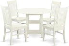 East West Furniture SUWE5-LWH-W 5 Piece Dining Set Includes a Round Dining Room Table with Dropleaf & Shelves and 4 Kitchen Chairs, 42x42 Inch, Linen White