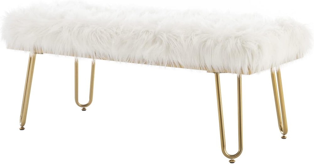 White Faux Fur Ottoman Bench Upholstered Furry Entryway Bedroom Bench with Go...