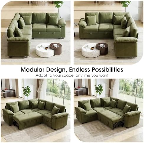 Sectional Sleeper Sofa with Pull Out Bed, 86" L Shaped 5 Seat Couch with...