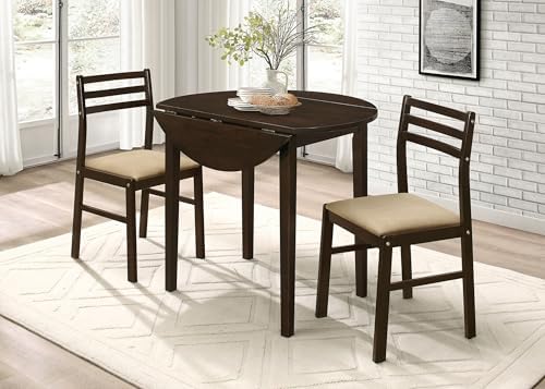 Coaster Home Furnishings 3-Piece Round Wood Dining Room Set Drop Leaf Extensi...