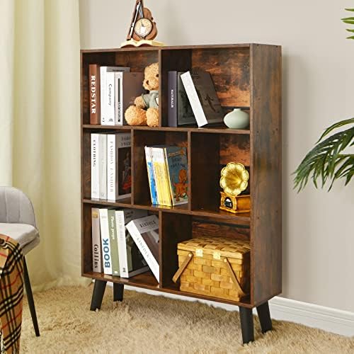 LEYAOYAO Cube Bookshelf, Mid-Century Modern Book Shelf with Legs, Brown