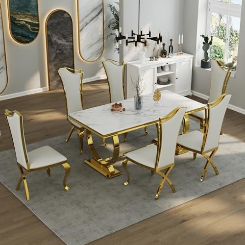 ACEDÉCOR 7 Piece Dining Table Set, Luxury White and Gold Kitchen and Dining R...