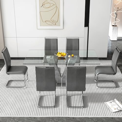 71" Glass Dining Table Set for 6, V-Base & 6 High-Back PU Chairs