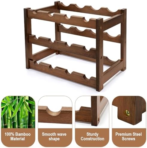 Bamboo Wine Rack, 3-Tier 12 Bottles Wine Storage Cabinet Shelf | Easy Assembl...
