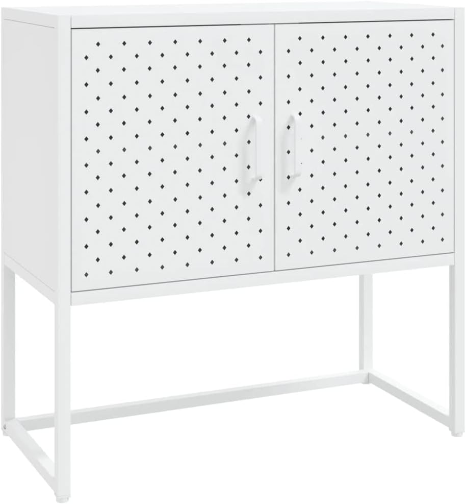 White Steel Sideboard with Adjustable Levelers, Modern Rectangular Storage Ca...