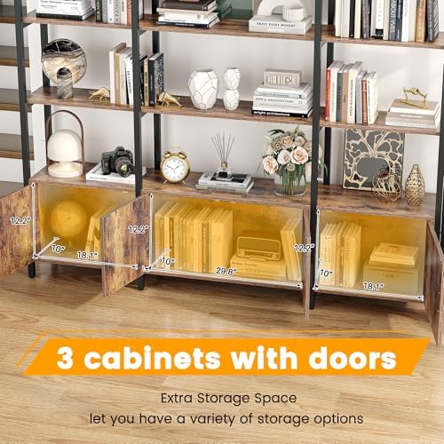 Arched Bookshelf and Bookcase with 3 Cabinets, Triple Wide 5 Tier Standing Bo...
