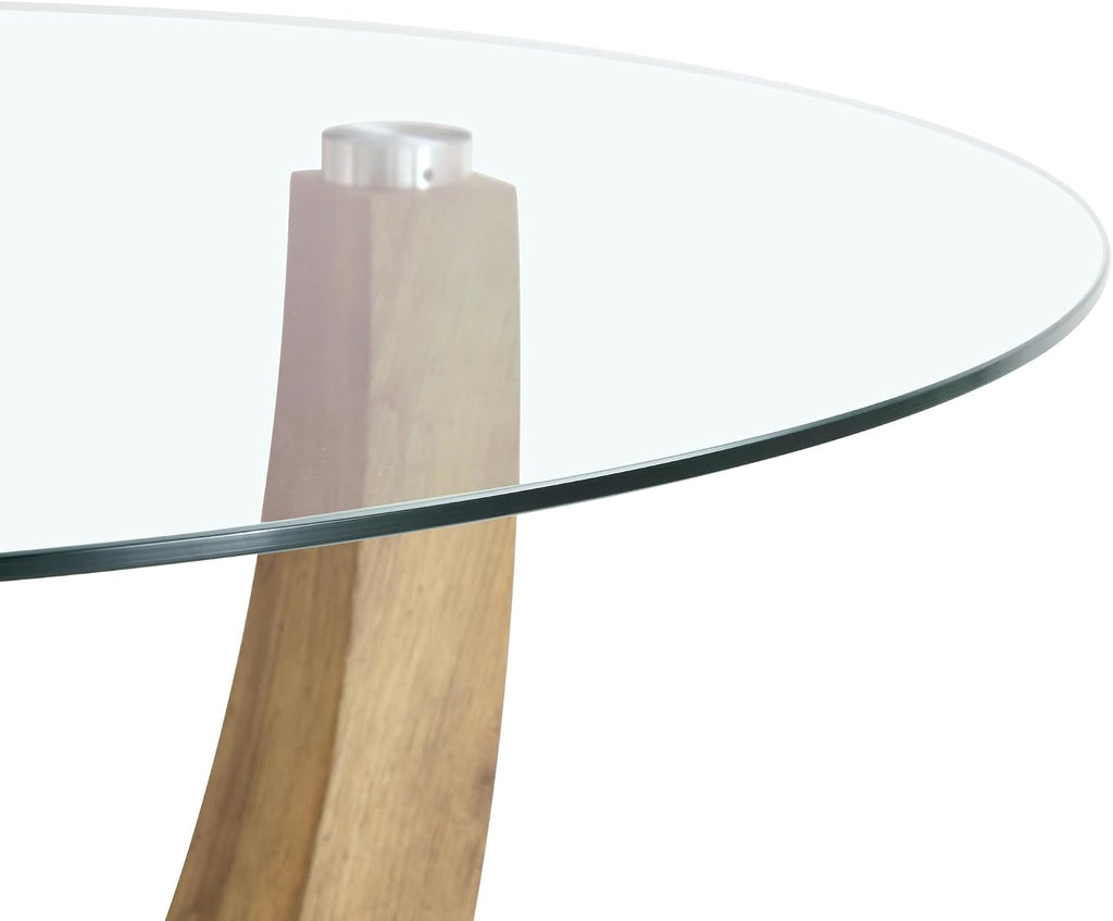 JUFU 42 Inch Round Glass Dining Table for 4, Modern Kitchen Table with Wood Pedestal Base, Small Dining Room Table for Apartment, Breakfast Nook, Living Room, Table Only