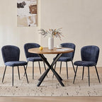 39" Round Dining Table Set for 4, Mid Century Kitchen Table with 4 Upholstered Accent Dining Chairs for Apartment Living Room Space Saving, Brown with Blue Chairs