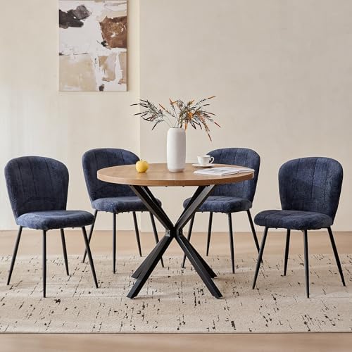 39" Round Dining Table Set for 4, Mid Century Kitchen Table with 4 Upholstered Accent Dining Chairs for Apartment Living Room Space Saving, Brown with Blue Chairs