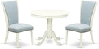 East West Furniture ANVE3-LWH-15 3 Piece Dining Table Set Contains a Round Dining Room Table with Pedestal and 2 Baby Blue Linen Fabric Upholstered Chairs, 36x36 Inch, Linen White