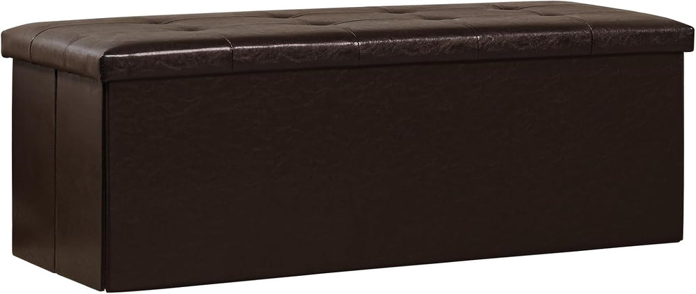 PINPLUS Folding Storage Ottoman Bench, Brown Faux Leather | Storage Chest wit...