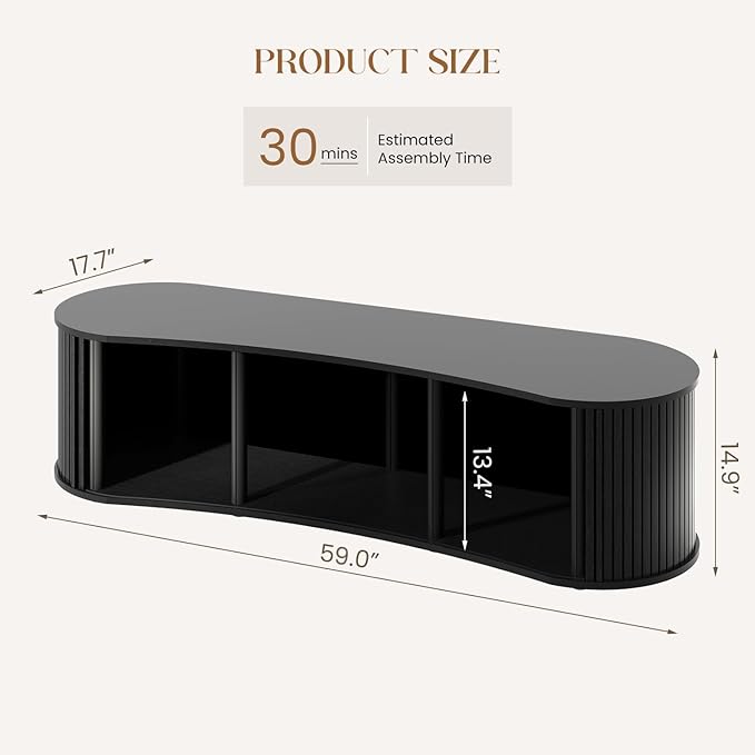 Fluted TV Stand with Storage Cabinet, 59″ Media Console with Sliding Tambour Door, Mid Century Modern Entertainment Center for Living Room, Oval Light Wood TV Stand for Bedroom, Black
