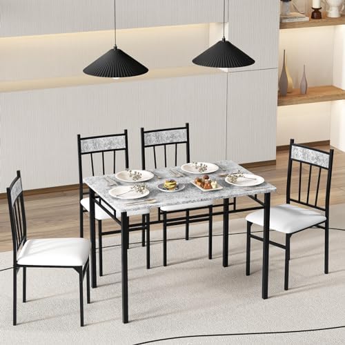Tangkula Dining Table Set for 4, Kitchen Table and Chairs Set with Metal Fram...