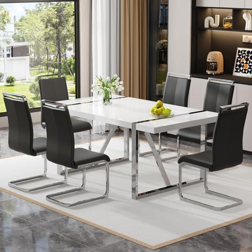 Ebullient White Dining Table Set for 6, Modern 71'' MDF Kitchen Table...