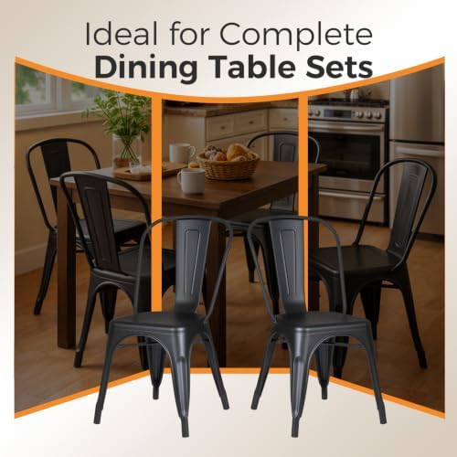 Metal Dining Chairs with Backrest, Stackable, Matte Black, 6 Pack | Easy Asse...