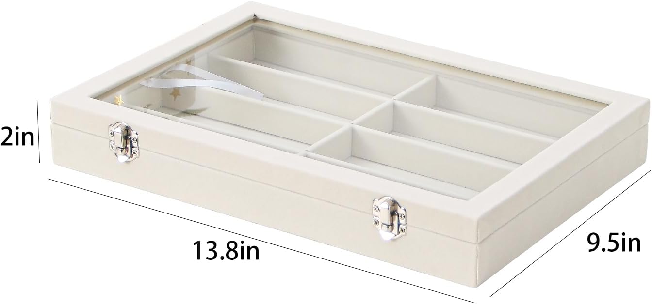 Coward Sunglass Organizer Tray Box, Beige Velvet Grids Eyeglasses Display Tray Case with Transparent Glass Lid for Home Use or Store Shop Selling Show