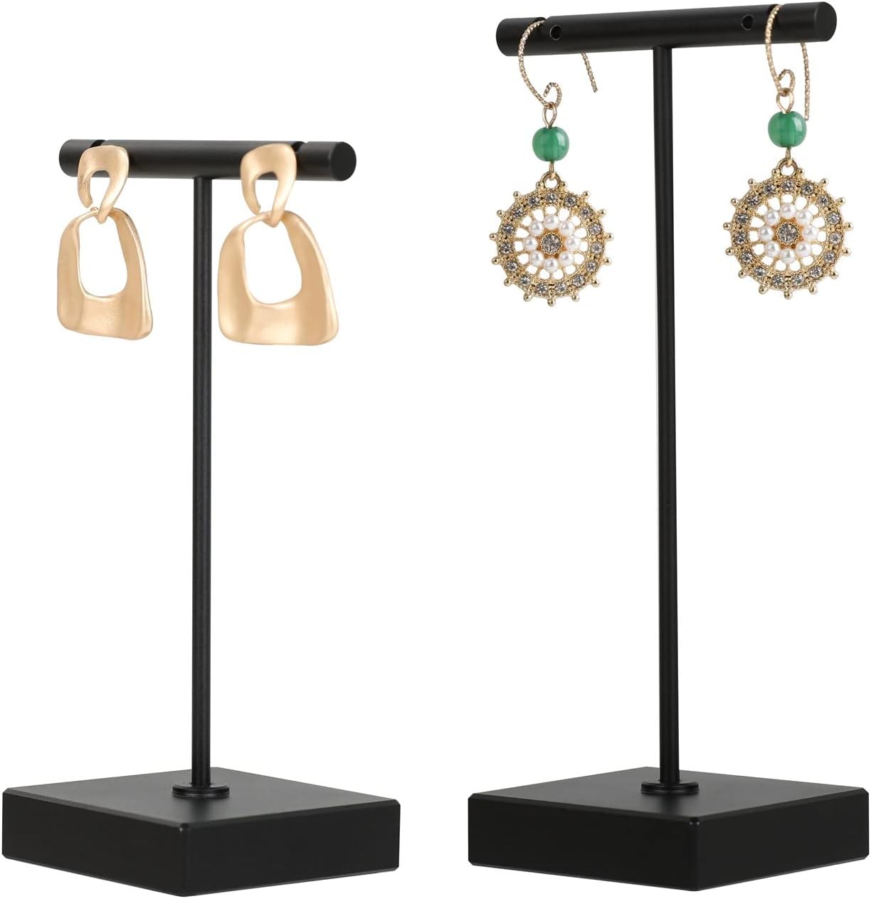 GemeShou 2pcs metal earring holder, Black T bar earring display stand, mini hangers for earrings Jewelry Photography, earring storage organizer【Black-Square Base 2pcs Height 4.3 and 5.1 inch】
