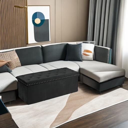 PINPLUS Folding Storage Ottoman Bench, Black Velvet | Large Storage Chest wit...