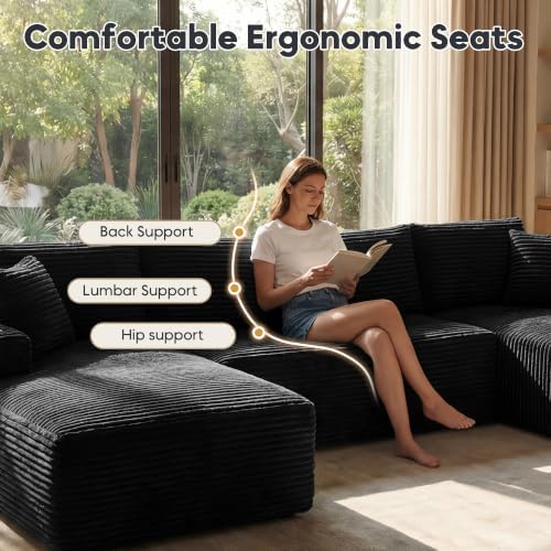 125" U-Shaped Modular Sectional Sofa, Corduroy Couch, Black