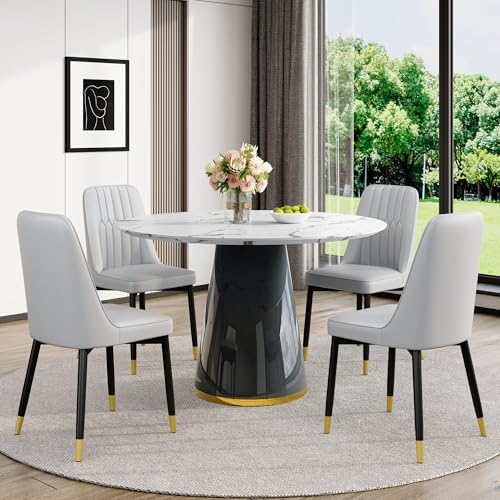 Round Dining Table Set for 4, 45''Marble Grain Dining Room Table Set ...