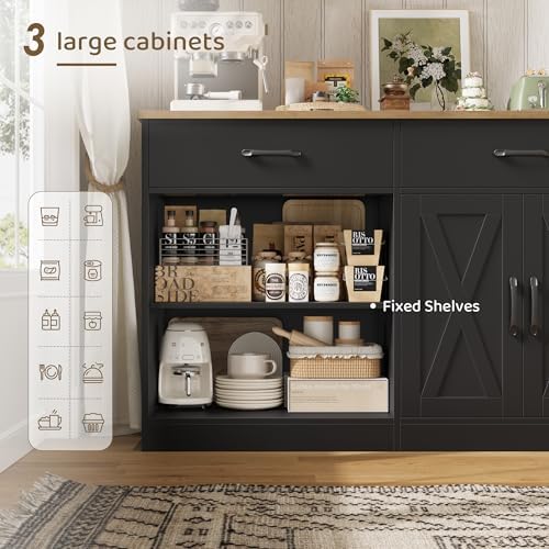 HOSTACK 71"W Farmhouse Kitchen Sideboard Buffet Cabinet with Storage, Black
