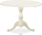 East West Furniture DMAB3-LWH-02 3 Piece Dining Table Set Contains a Round Dining Room Table with Dropleaf and 2 Light Beige Linen Fabric Upholstered Chairs, 42x42 Inch, Linen White