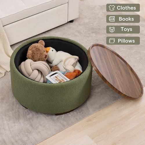 29.5 Inch Round Storage Ottoman Coffee Table, Green Teddy | Modern Circle Cof...