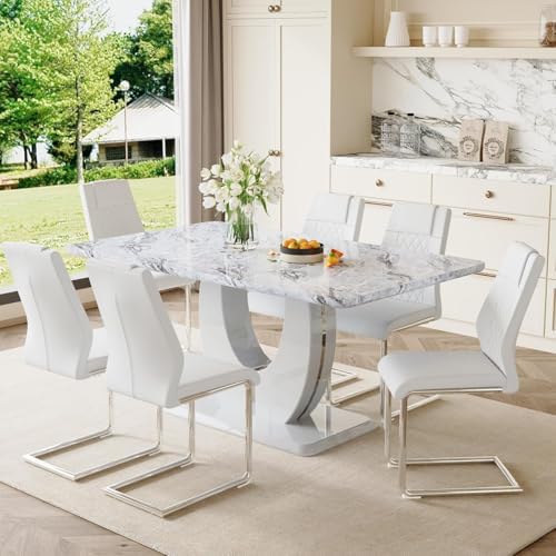 JUFU 7-Piece Dining Table Set for 6, 63-Inch Faux Marble, White/Platinum