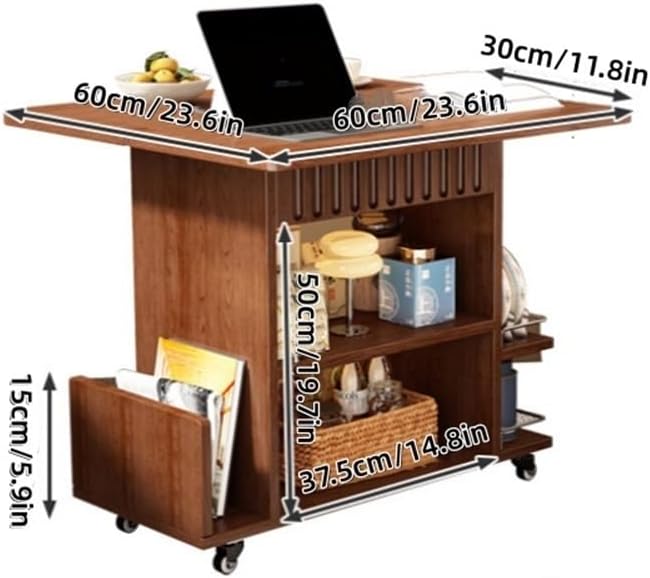 Wooden Side Table with Wheels, Large Capacity Storage End Table, 3 Tier Rolli...