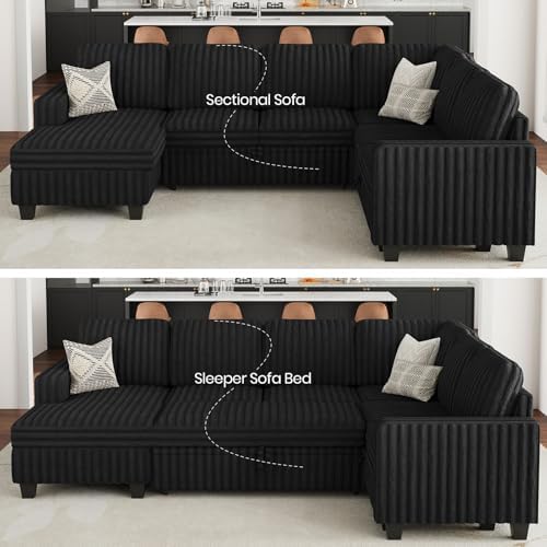 Belffin Corduroy Sleeper Sofa Bed with Storage Chaise Modular Sectional Sofa ...