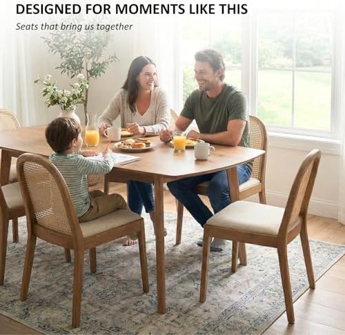 Ya-Home Mid Century Dining Chairs Set of 4, Accent Rattan Linen Fabric Side C...