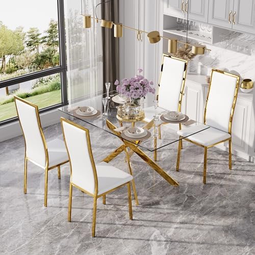 Modern Glass Dining Table Set for 4, 5-Piece Rectangular Kitchen Table Set wi...