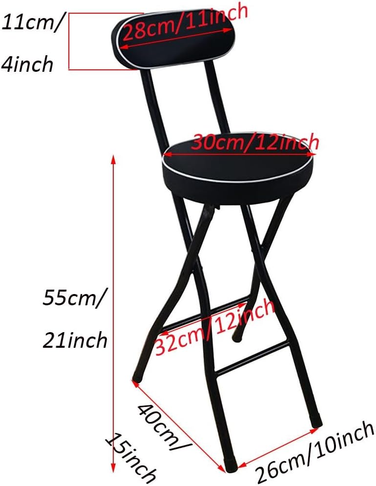 Portable Foldable Bar Stool with Backrest, Kitchen Garden Bathroom Round Stool, for Adults, 220 lbs Capacity (Color : Black, Size : 55cm/21inch)