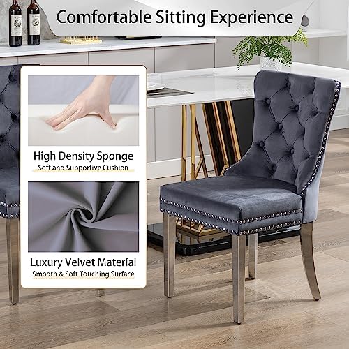 Velvet Dining Room Chairs Set of 2, Button Tufted, Silver Legs, Dark Gray