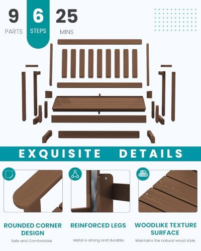 SERWALL 2 Person Patio Glider Bench, HDPE All Weather Swinging Bench, Brown