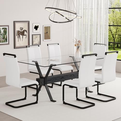 71" Glass Dining Table Set for 6｜Modern Dining Table Set for 6 with Faux Leather Chairs｜0.4" Thick Tempered Glass Tabletop｜Black Metal Legs with Black Crossbar｜Easy Assembly